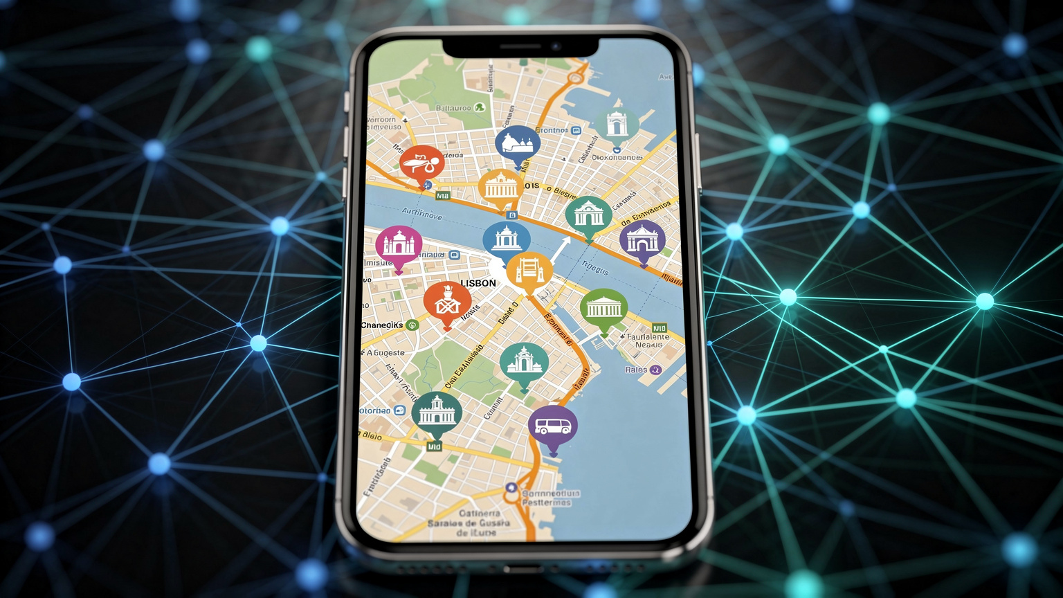 Mapa digital de Lisboa con marcadores de ubicación y una conexión de red superpuesta