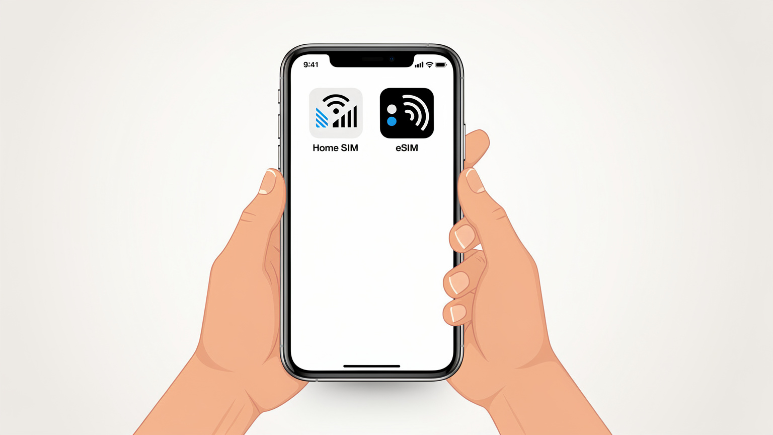 Tangan memegang telefon pintar yang menunjukkan dua ikon isyarat rangkaian, satu untuk kad SIM rumah dan satu lagi untuk eSIM, melambangkan sambungan dwi.