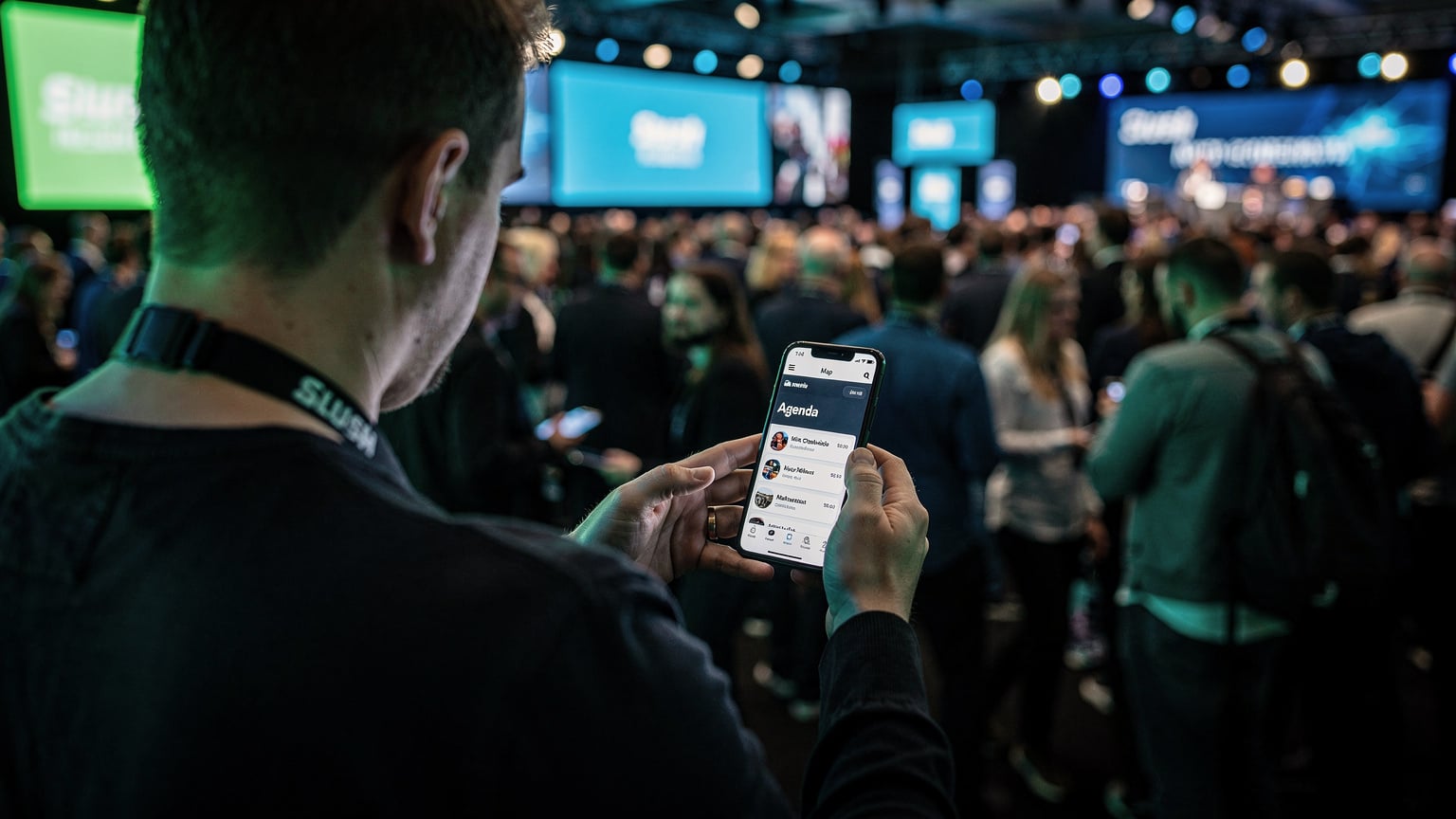 Seorang peserta Slush Helsinki sedang melihat telefonnya, memaparkan aplikasi acara dengan agenda dan peta, di tengah-tengah keramaian persidangan.