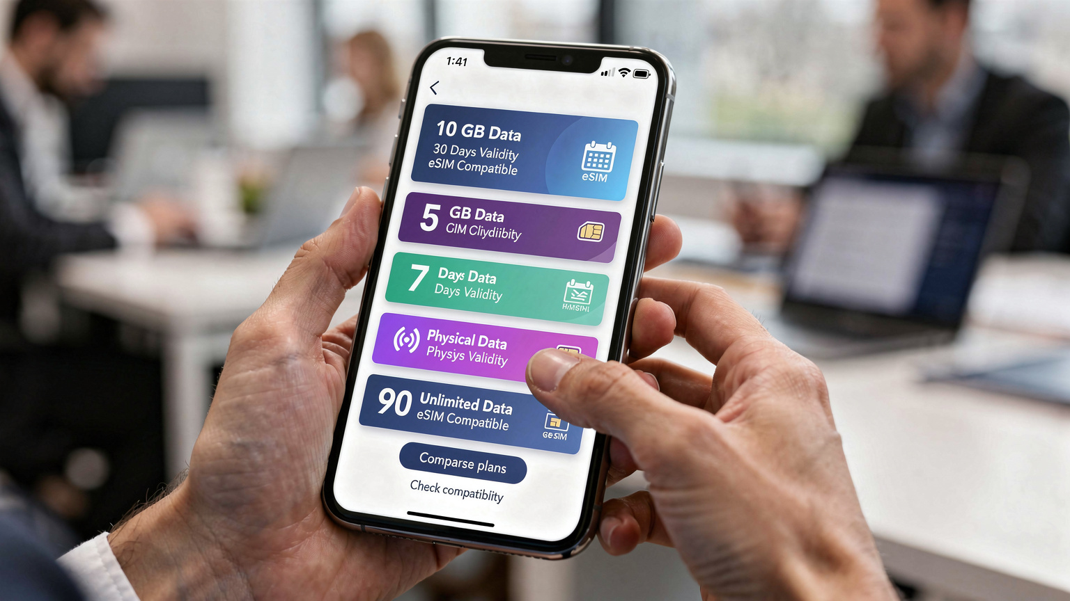 Un professionista che confronta le opzioni di connettività sul suo smartphone, con icone che rappresentano dati, validità e compatibilità eSIM.