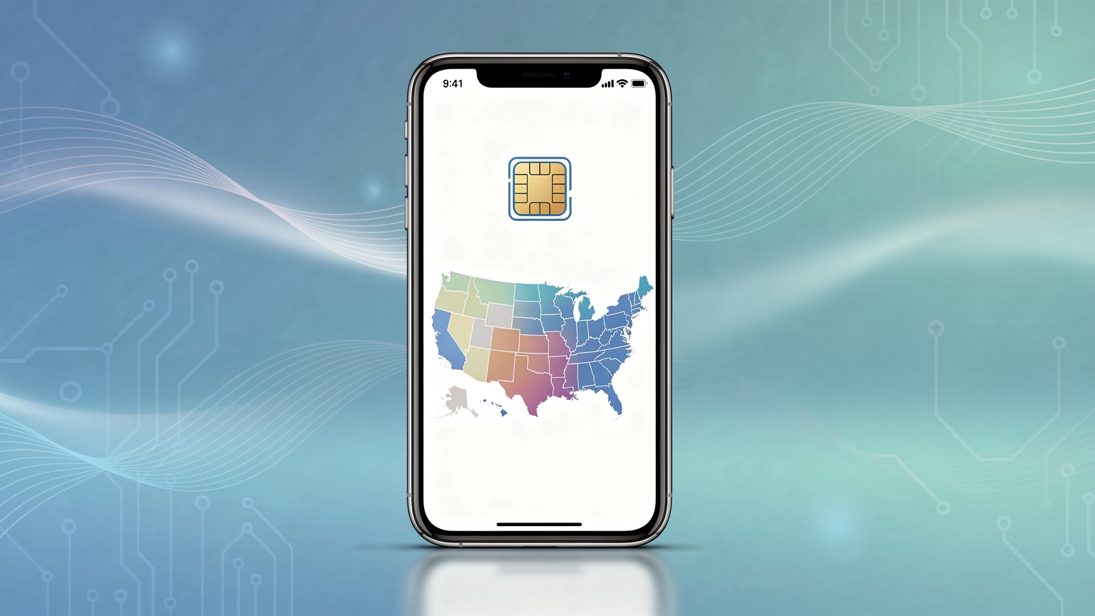 En illustrasjon som viser en smarttelefon med et eSIM-ikon og et kart over USA, symboliserer enkel tilkobling og dekning i USA.