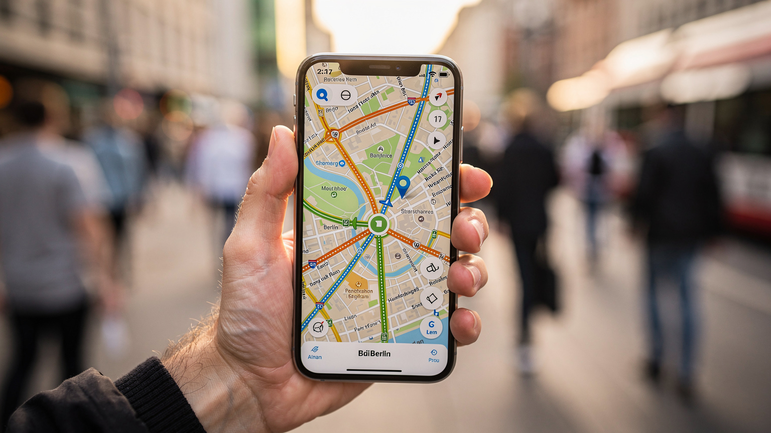Persona revisando su teléfono con un mapa de Berlín en la pantalla, simbolizando la navegación y planificación del viaje.