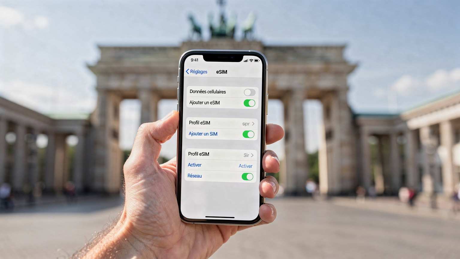 Personne tenant un smartphone affichant un écran de réglages eSIM, avec la Porte de Brandebourg en arrière-plan flou.