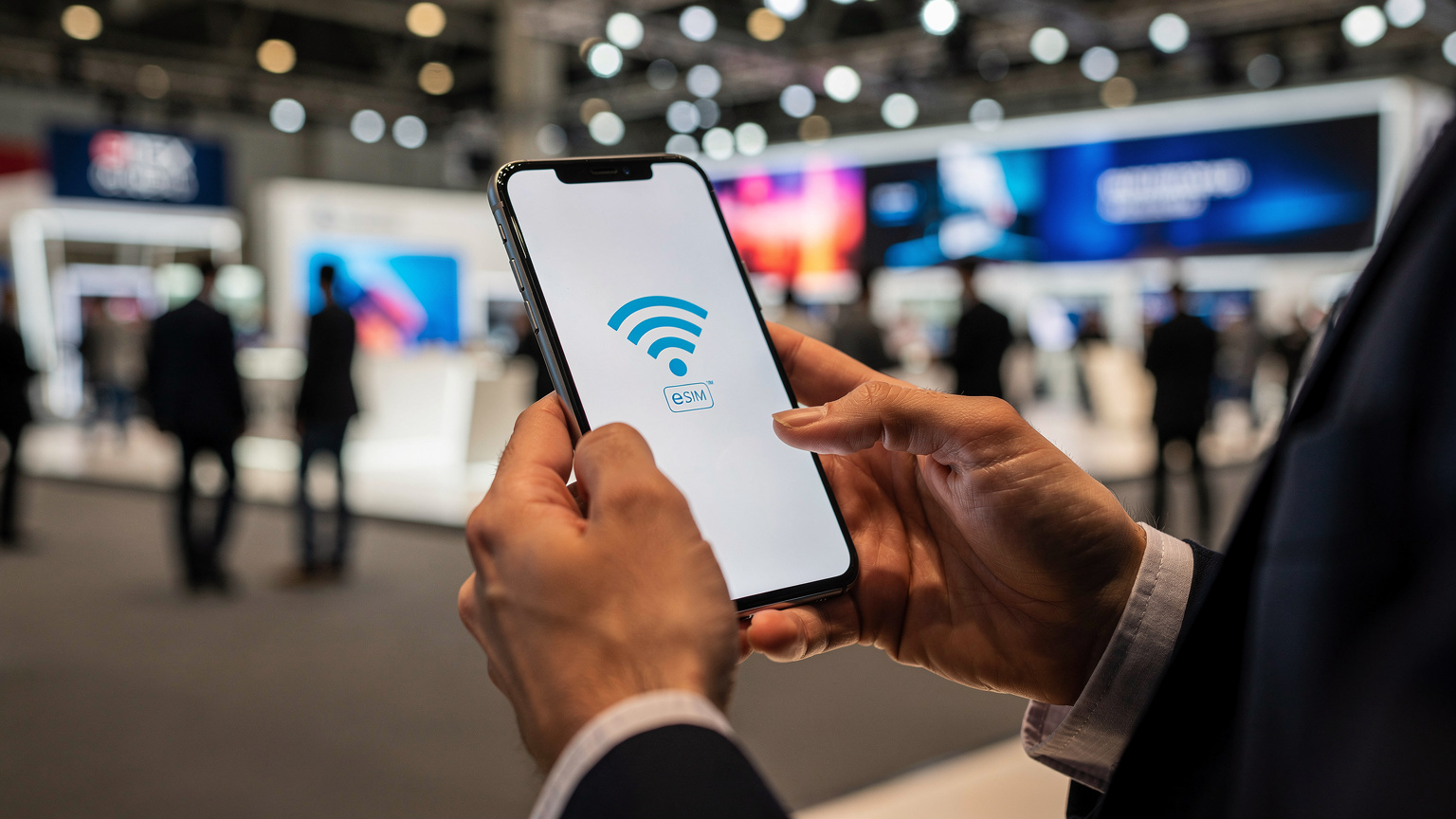 GITEX GLOBALの会場でスマートフォンを操作し、eSIMでインターネットに接続しているビジネスパーソンの手元