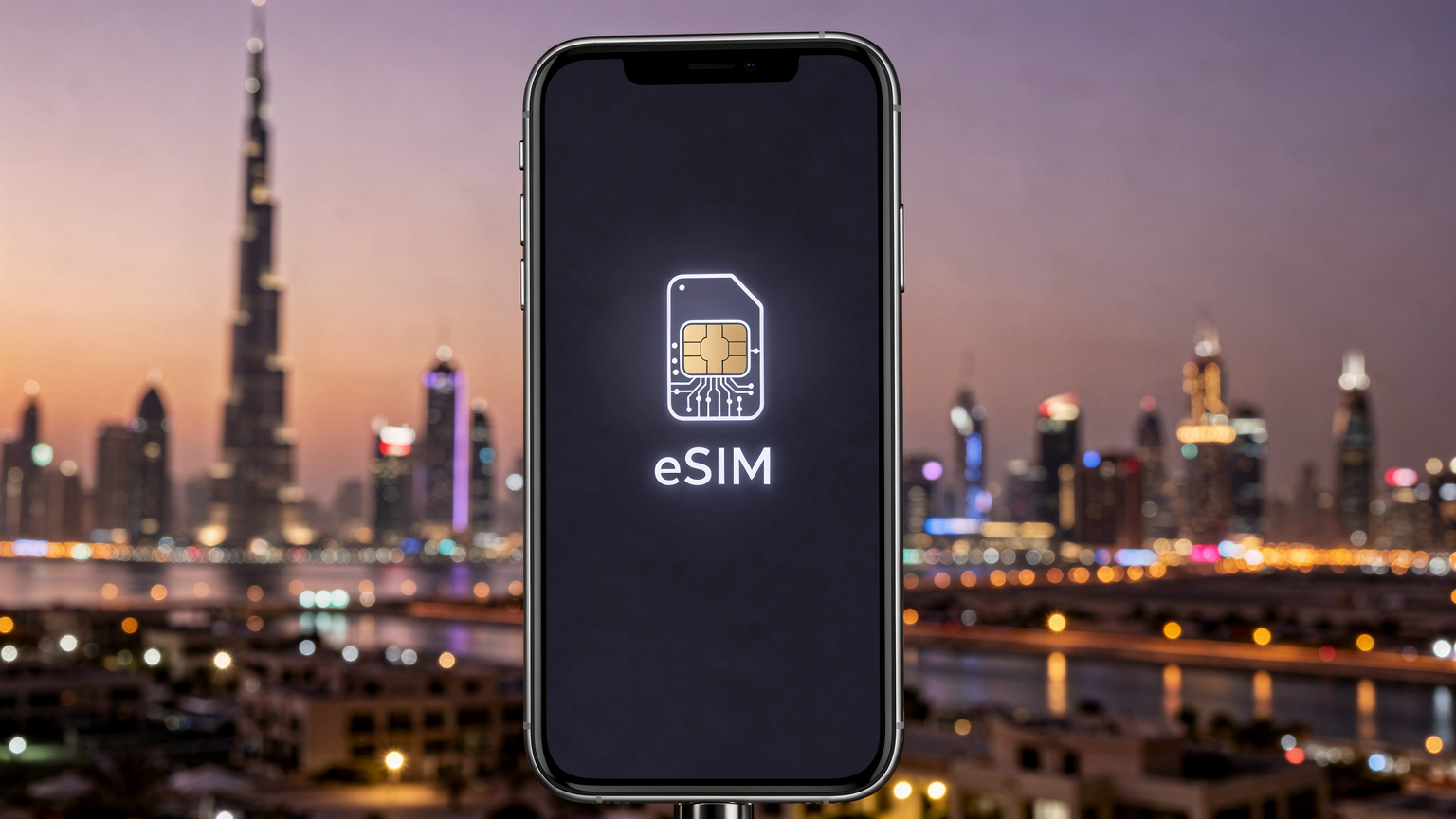 Een smartphone met een eSIM-icoon, geplaatst tegen de skyline van Dubai, symboliseert digitale connectiviteit in de VAE.