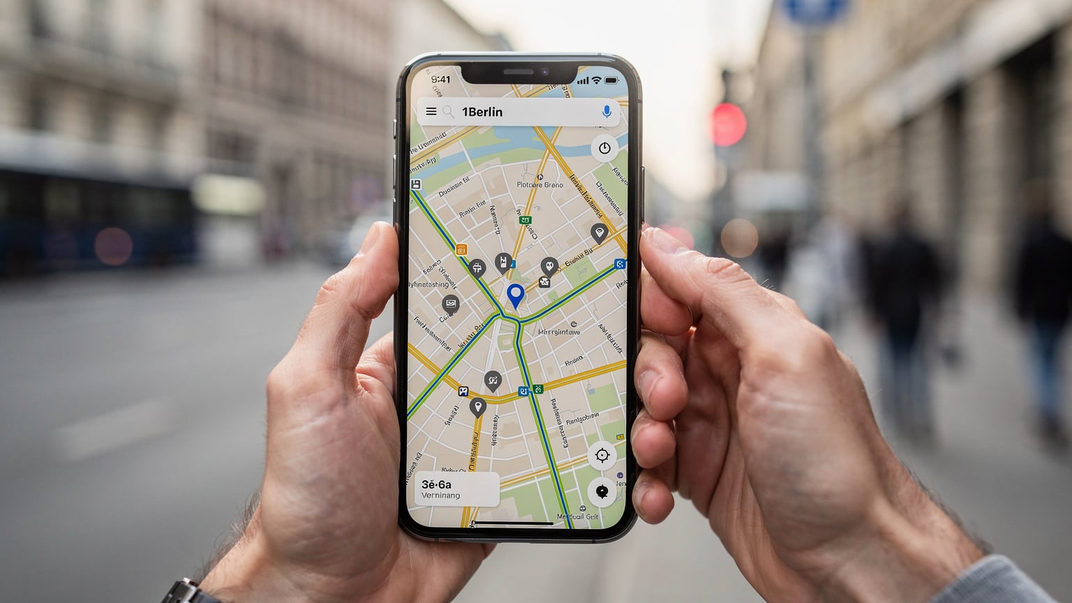 Uma pessoa a verificar o telemóvel com um mapa de Berlim, simbolizando a navegação e conectividade durante a viagem.