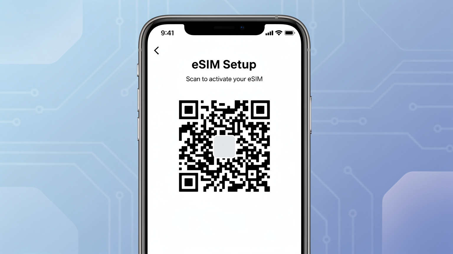 איור של סמארטפון מציג מסך הגדרות eSIM עם קוד QR, המדגיש את קלות ההתקנה הדיגיטלית.