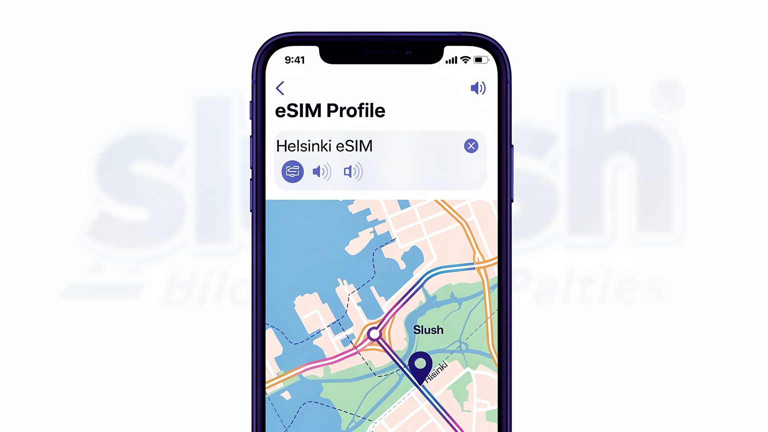 En illustrasjon av en smarttelefon som viser en eSIM-profil og et kart over Helsinki, med Slush-logoen i bakgrunnen.