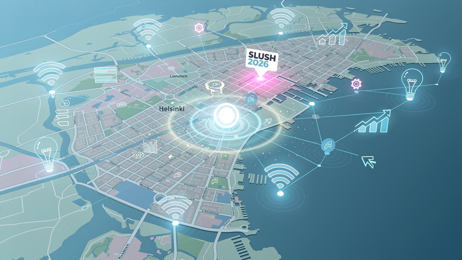 Peta digital Helsinki dengan penanda lokasi Slush 2026, dikelilingi oleh ikon konektivitas nirkabel dan simbol startup.