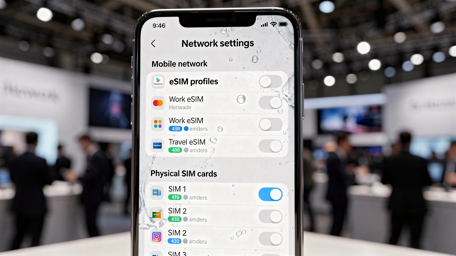 Un telefon mobil afișând setările de conectivitate, cu opțiuni pentru eSIM și SIM fizic, simbolizând gestionarea duală a conectivității la EICMA Milano 2026.