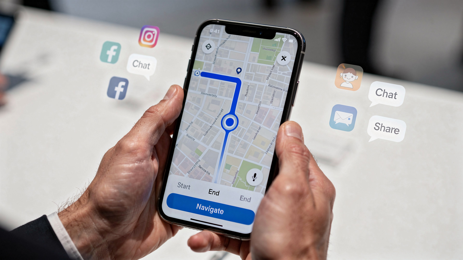 O persoană consultând o hartă digitală pe un smartphone, cu pictograme de aplicații de social media și mesagerie în fundal, ilustrând utilizarea datelor mobile la EICMA Milano 2026.