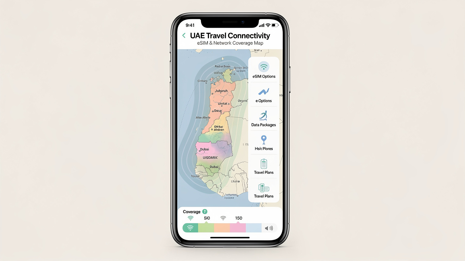 Mappa digitale degli Emirati Arabi Uniti su uno smartphone, che mostra la copertura di rete e le opzioni eSIM per i viaggiatori.