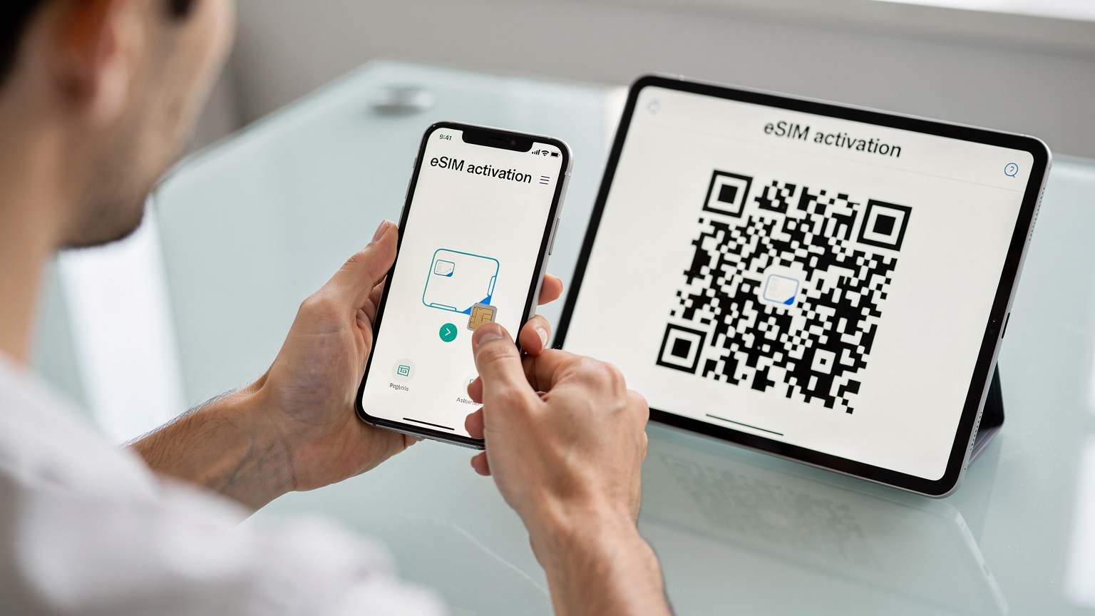 Một người đang cài đặt eSIM trên điện thoại thông minh của họ, với mã QR hiển thị trên màn hình máy tính bảng, trong một không gian sạch sẽ, hiện đại.