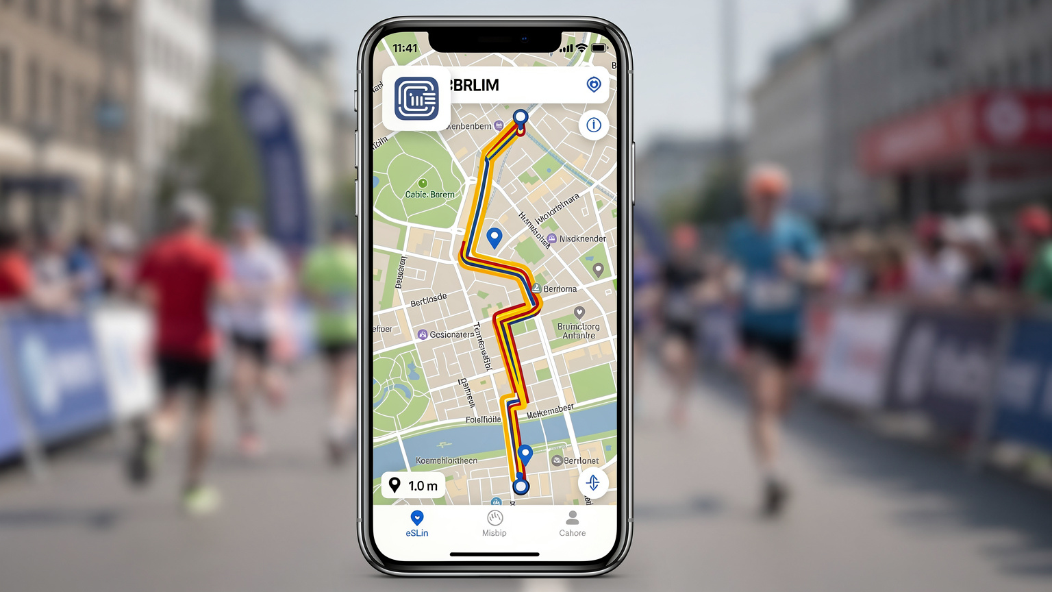 Ilustrácia mobilného telefónu s eSIM profilom a mapou Berlína, symbolizujúca pripojenie a navigáciu počas maratónu.
