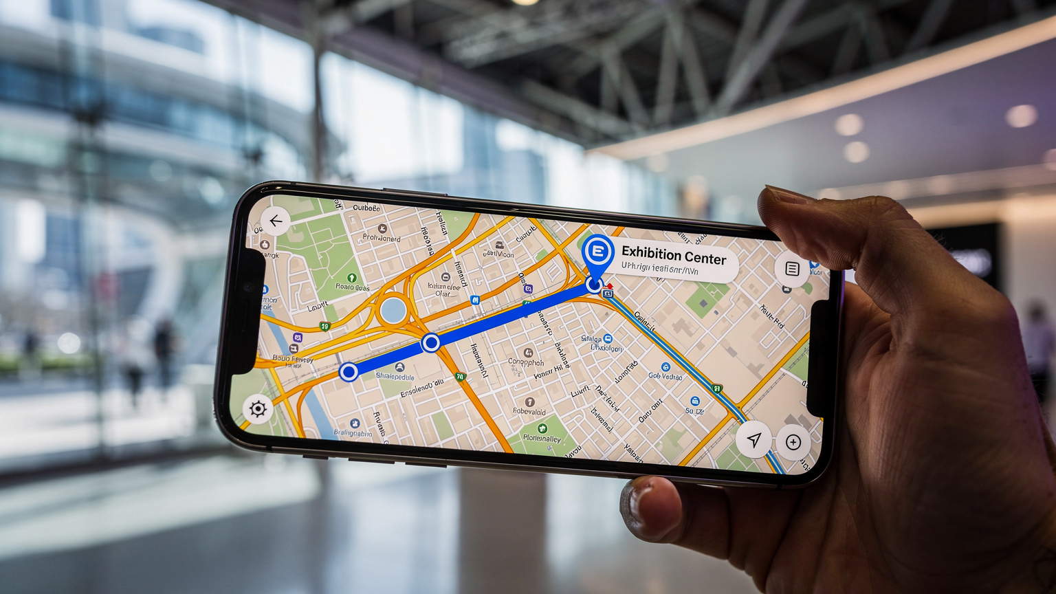 En smartphone med en digital karta över Dubai och mässområdet, som illustrerar vikten av navigering och uppkoppling under GITEX GLOBAL.
