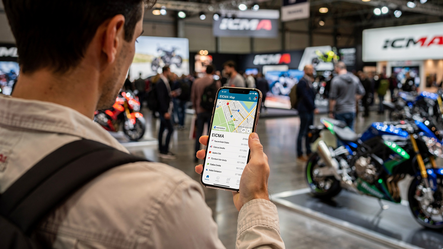 شخص يتنقل داخل معرض EICMA باستخدام هاتفه الذكي
