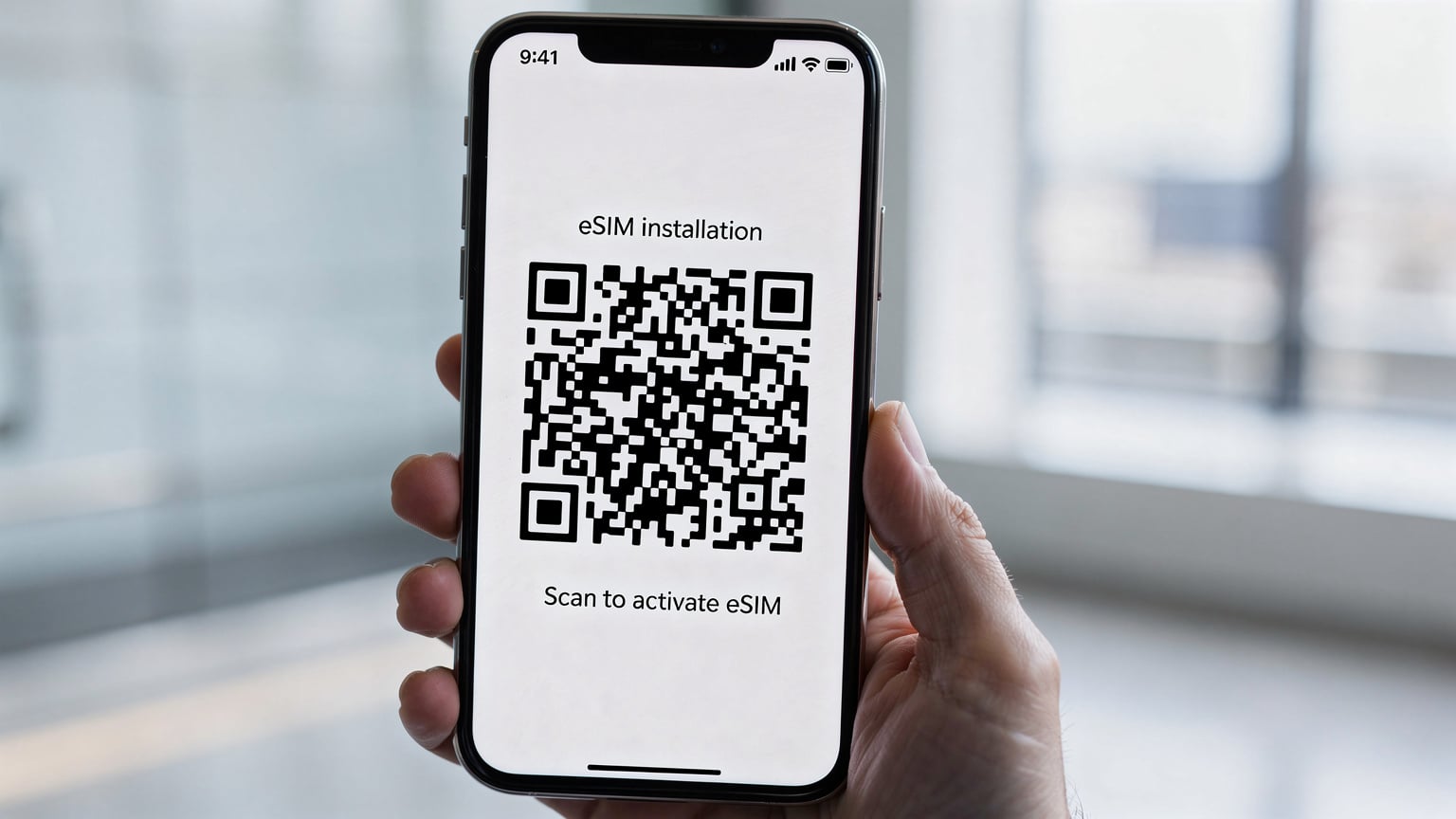 스마트폰 화면에 eSIM 설치 QR 코드가 표시된 모습