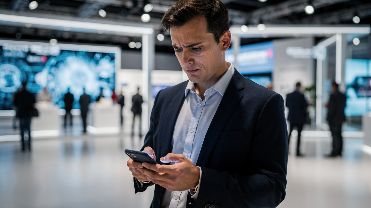 Persona revisando su teléfono en un stand de exhibición en el CES