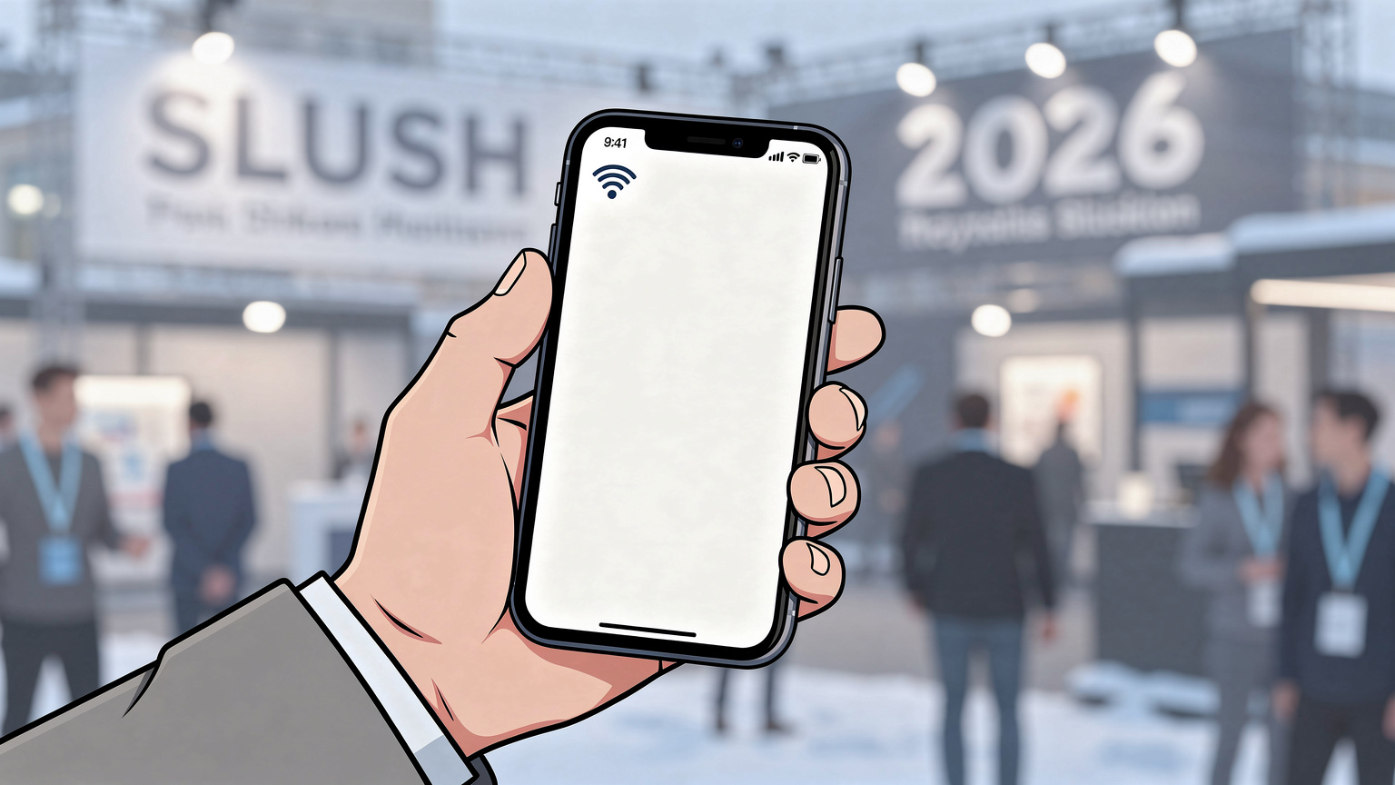 Empreendedor português usando um smartphone com eSIM em Helsínquia, Finlândia, durante a Slush 2026