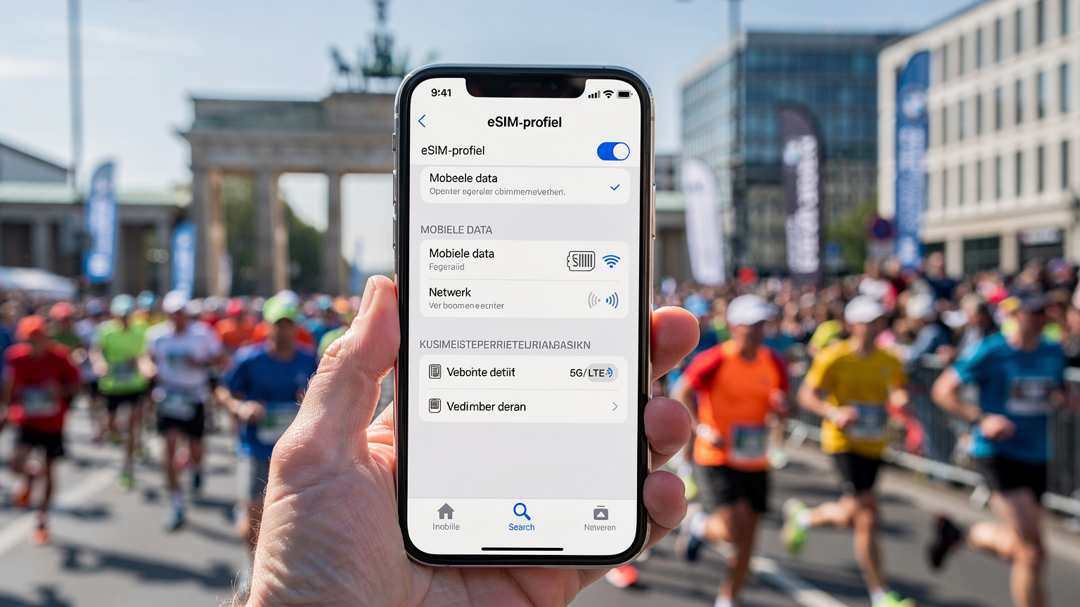 Een smartphone met een eSIM-profiel actief, met op de achtergrond de skyline van Berlijn en een marathon-evenement.