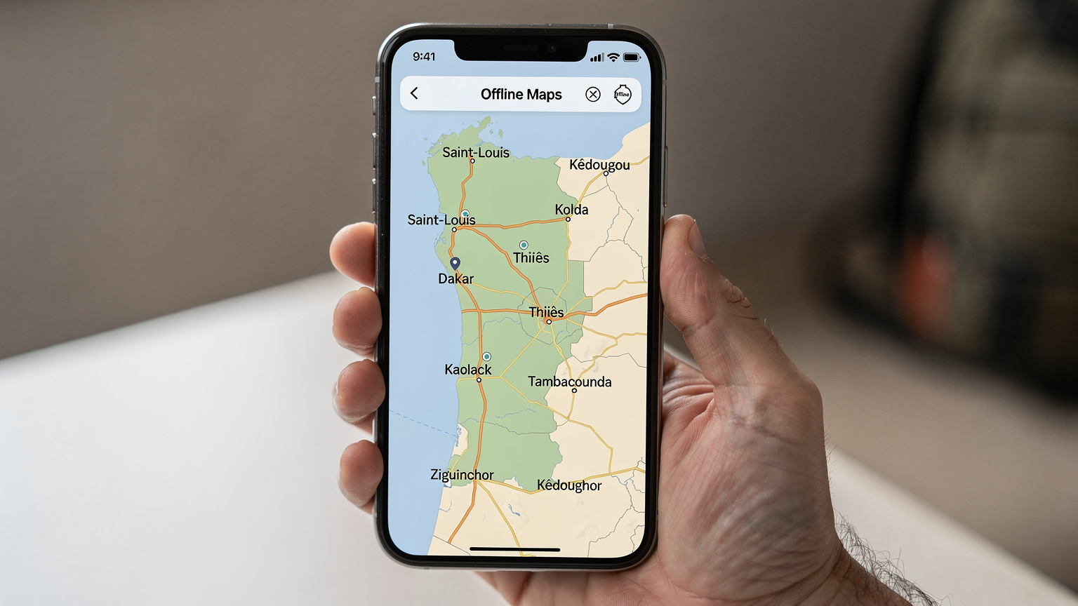 Main tenant un smartphone avec une carte du Sénégal affichée en mode hors ligne
