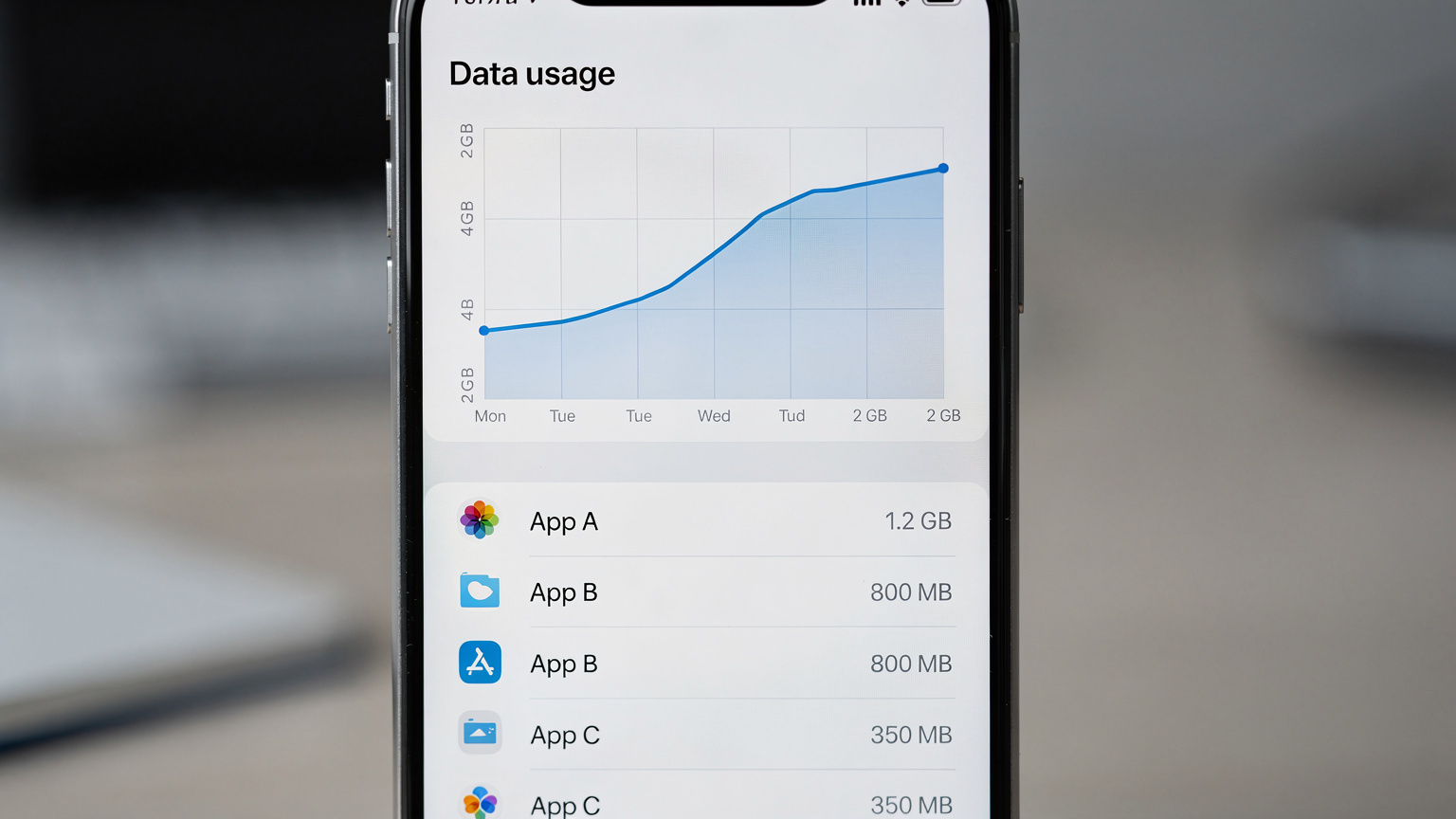 Écran de smartphone affichant l'utilisation des données mobiles avec un graphique et des applications listées