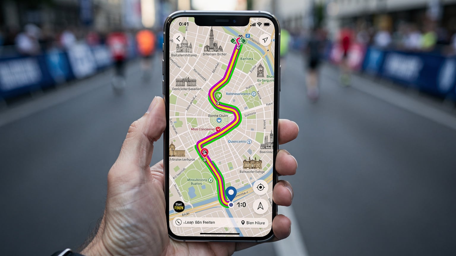 En person holder en smarttelefon som viser et kart over Berlin, med løypen for BMW BERLIN-MARATHON markert. Fokus på enkel navigasjon og tilkobling.