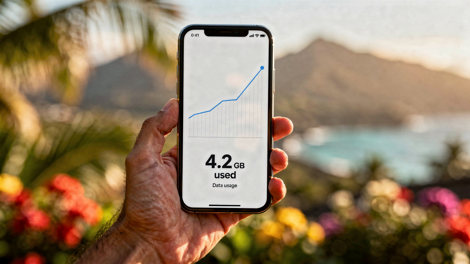 Personne utilisant un smartphone pour vérifier sa consommation de données mobiles à la Réunion.