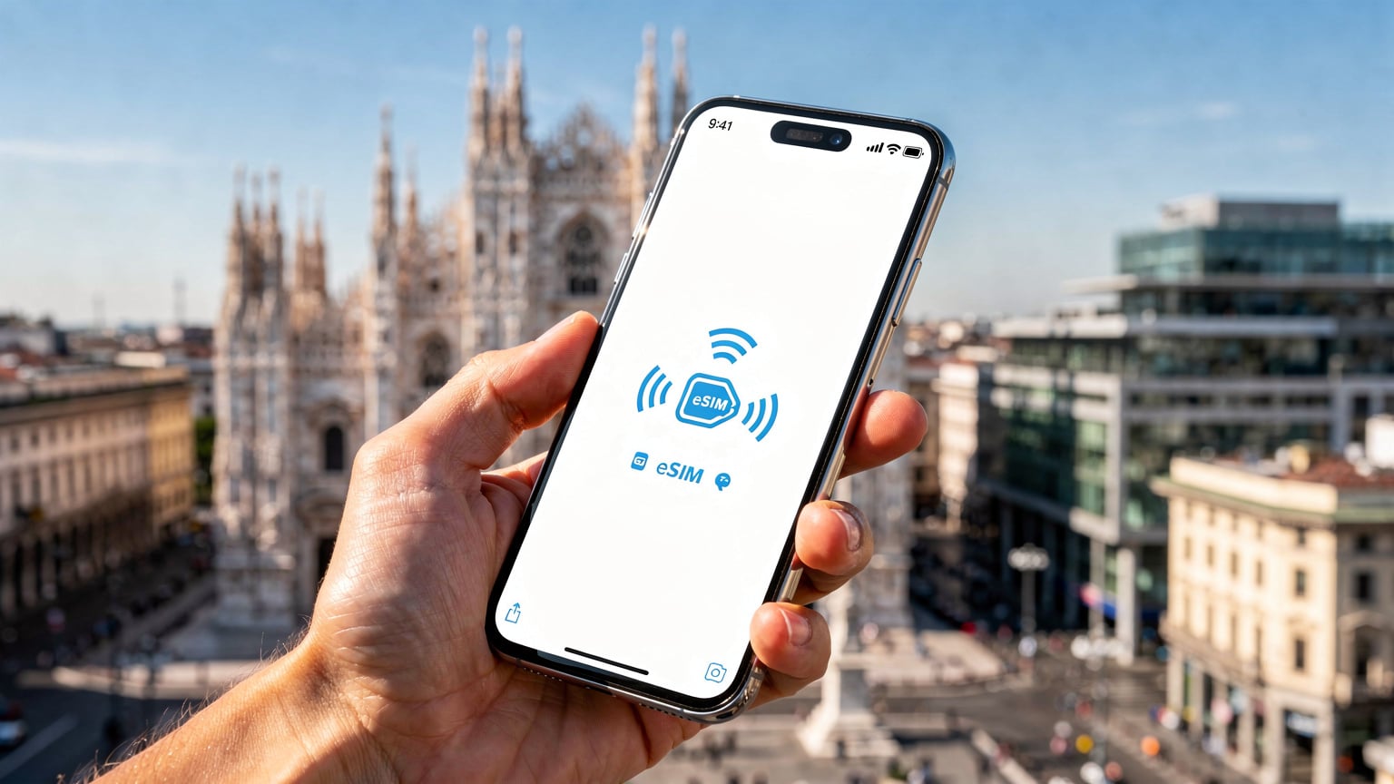 En person, der holder en smartphone med et eSIM-ikon på skærmen, med Milanos skyline i baggrunden, der symboliserer nem forbindelse under rejsen.