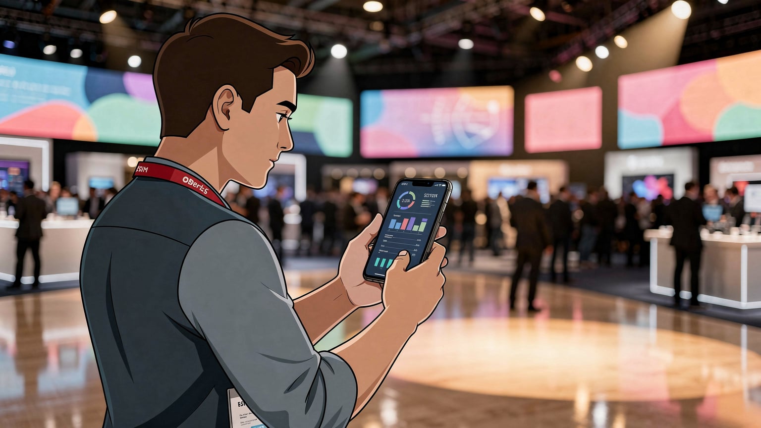 Pengunjung pameran teknologi di Las Vegas menggunakan ponsel mereka untuk memantau penggunaan data eSIM.