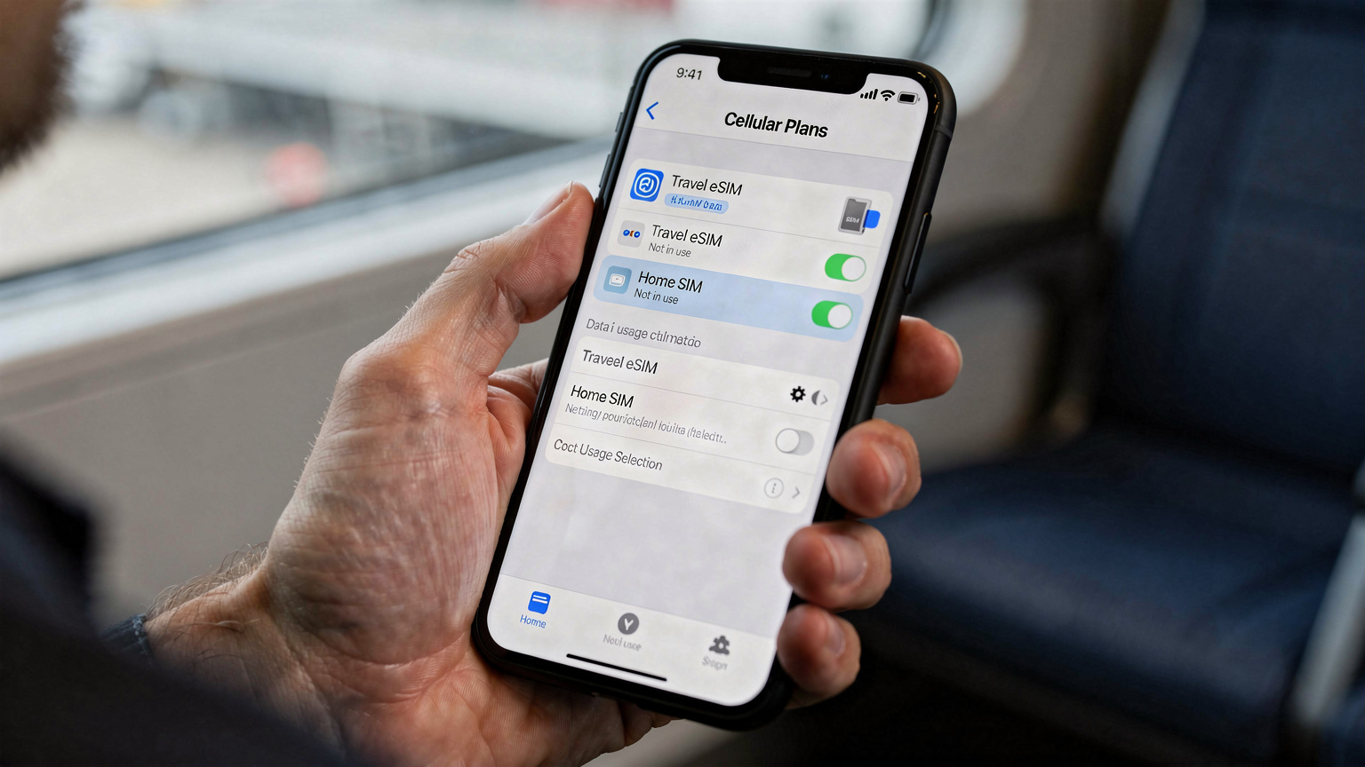 En hånd holder en smartphone, der viser indstillinger for mobilnetværk med muligheder for at vælge mellem forskellige eSIM-profiler.