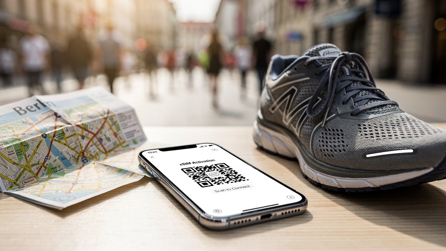 En smartphone som visar en eSIM-aktiveringsskärm med en QR-kod, bredvid en karta över Berlin och en löparsko, vilket symboliserar enkel uppkoppling för maratonresenärer.