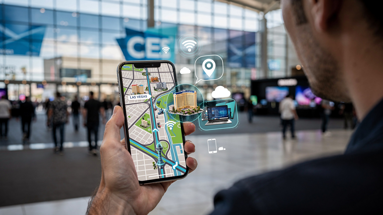 En person navigerar på en smartphone med en karta över Las Vegas och ikoner som symboliserar teknik och uppkoppling, med CES-mässan i bakgrunden.