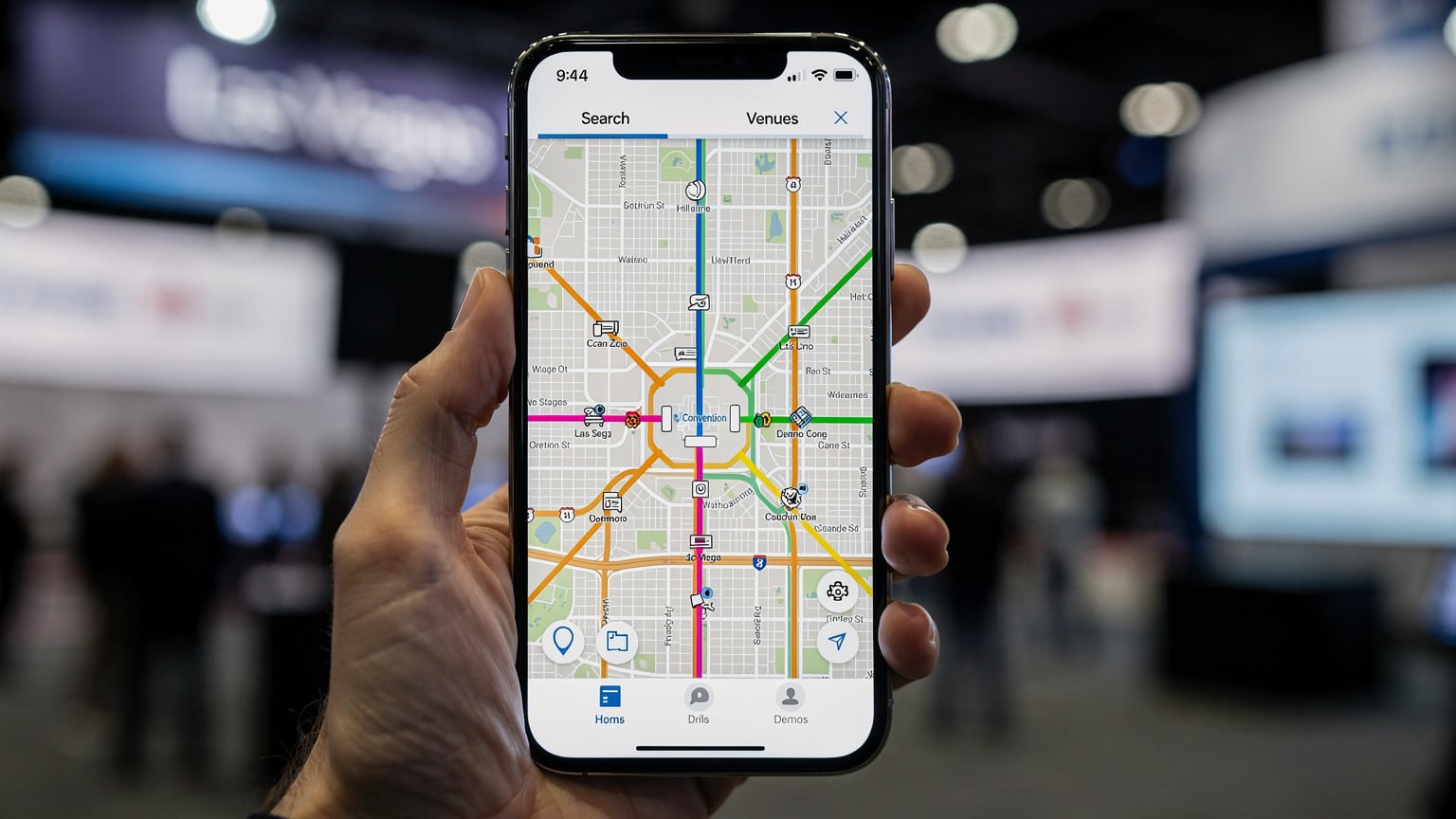 O mână ținând un smartphone care afișează o hartă digitală a Las Vegas-ului, cu marcaje pentru locații importante și rute, simbolizând navigarea la CES.