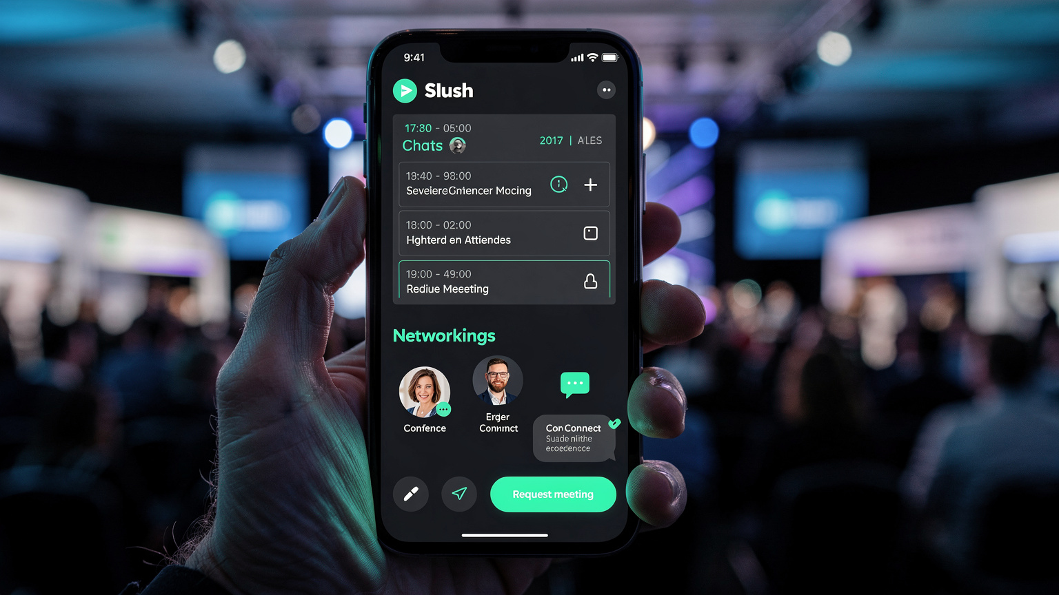 En smartphone viser Slush-konferencens app med en mødeplan og netværksmuligheder, mens en person holder den i hånden.