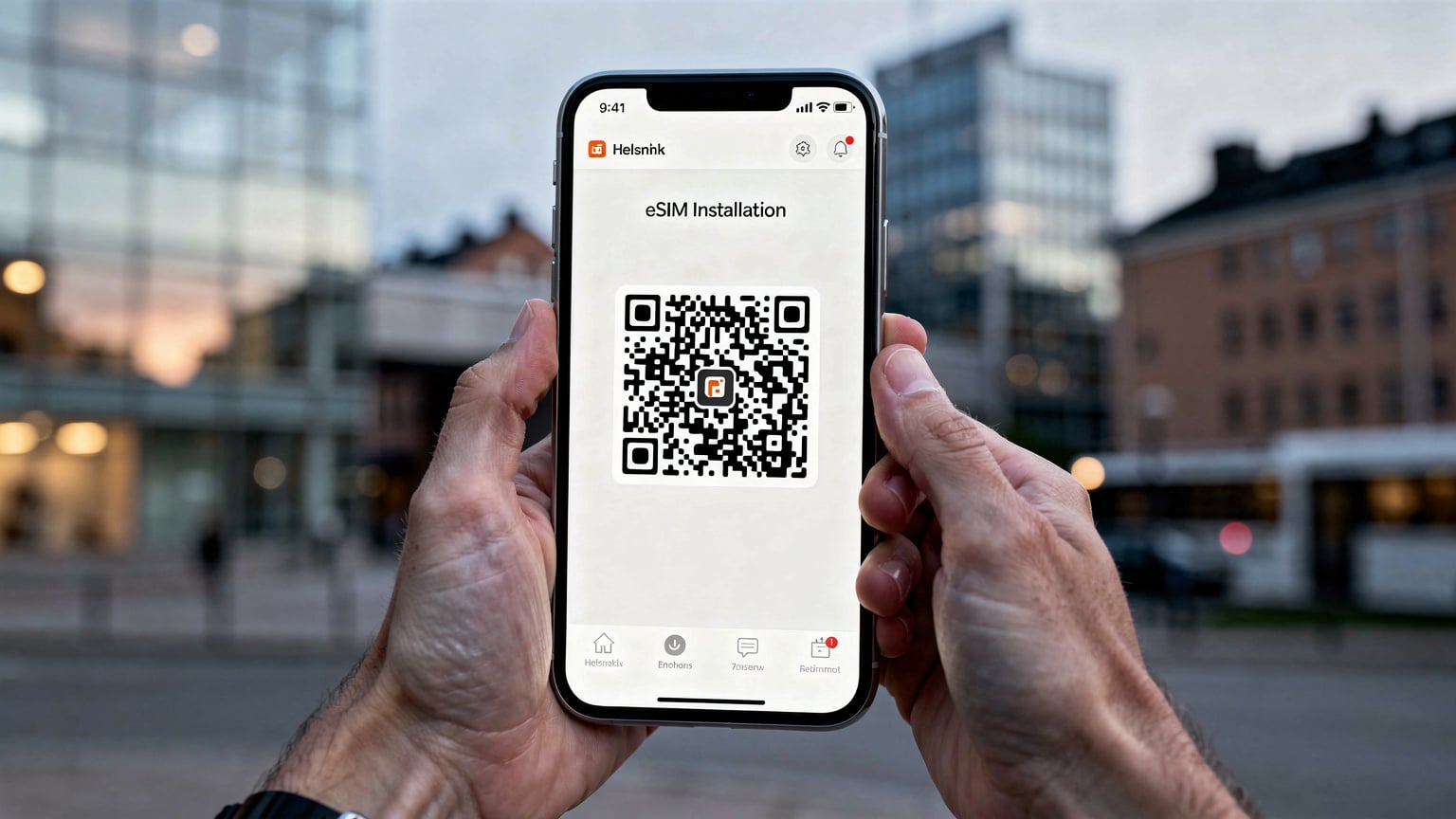 אדם מתקין eSIM בטלפון חכם באמצעות סריקת קוד QR, על רקע מטושטש של נוף עירוני בהלסינקי.