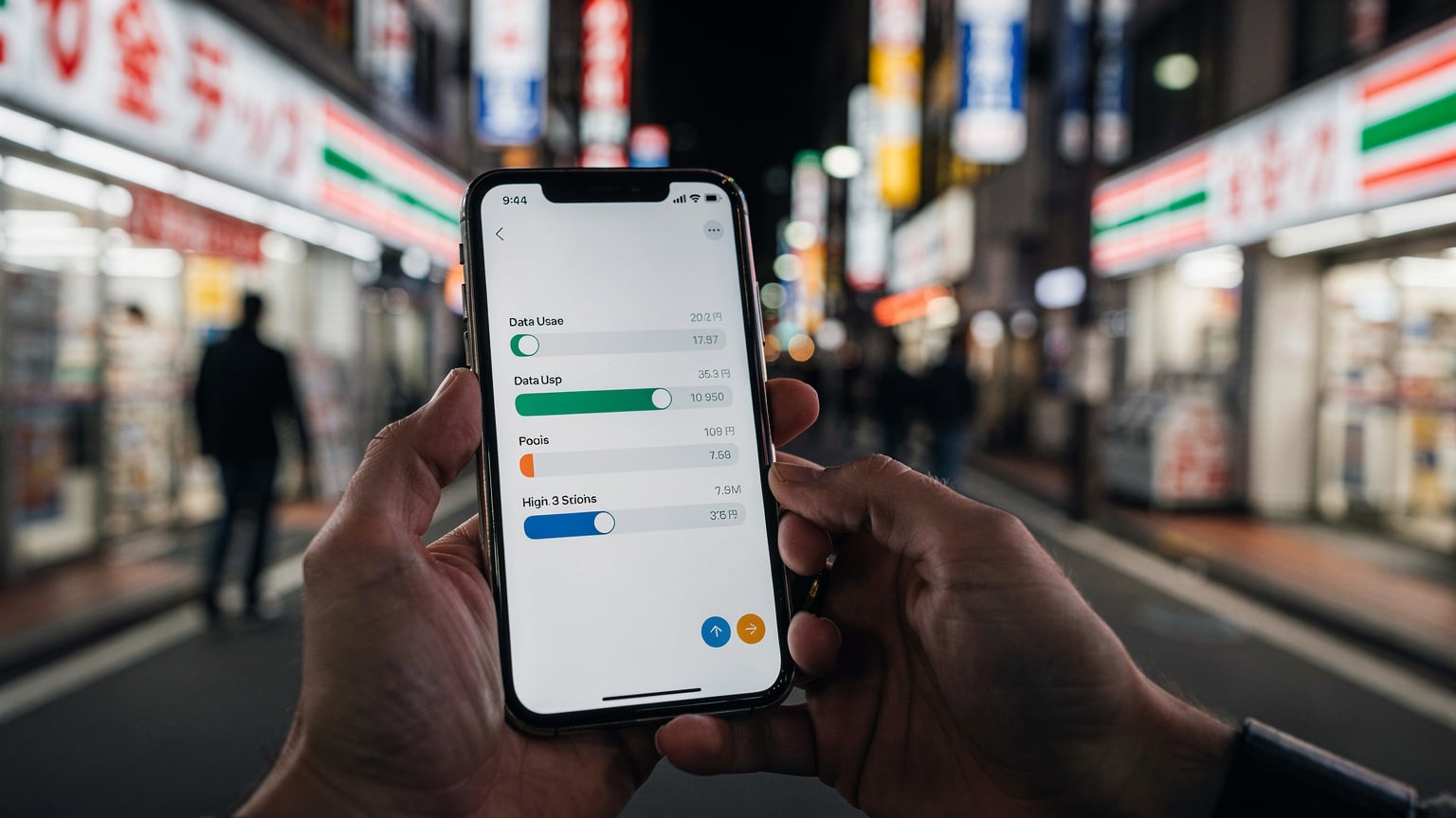 一名iPhone用户正在查看手机上的数据使用情况,背景是日本的交通指示牌