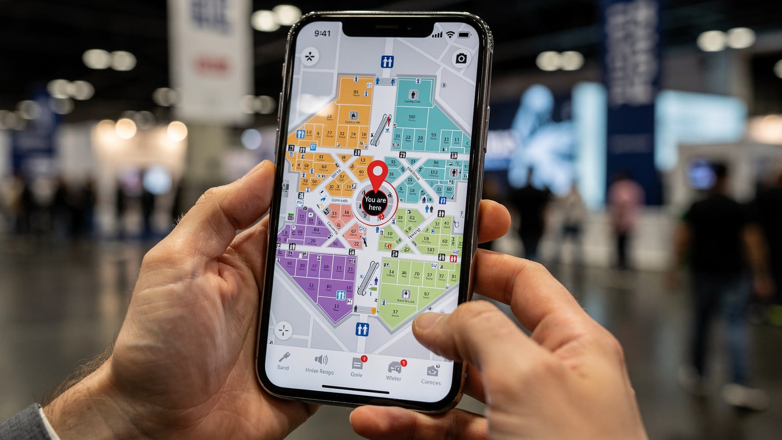 A person's hands holding a smartphone displaying a map of a convention center, with various pins marking different exhibition halls and points of interest.