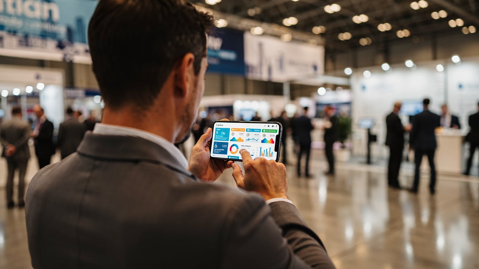 Людина, яка переглядає інформацію на смартфоні в жвавому виставковому залі, з графіками та даними на екрані, що символізує бізнес-використання інтернету.
