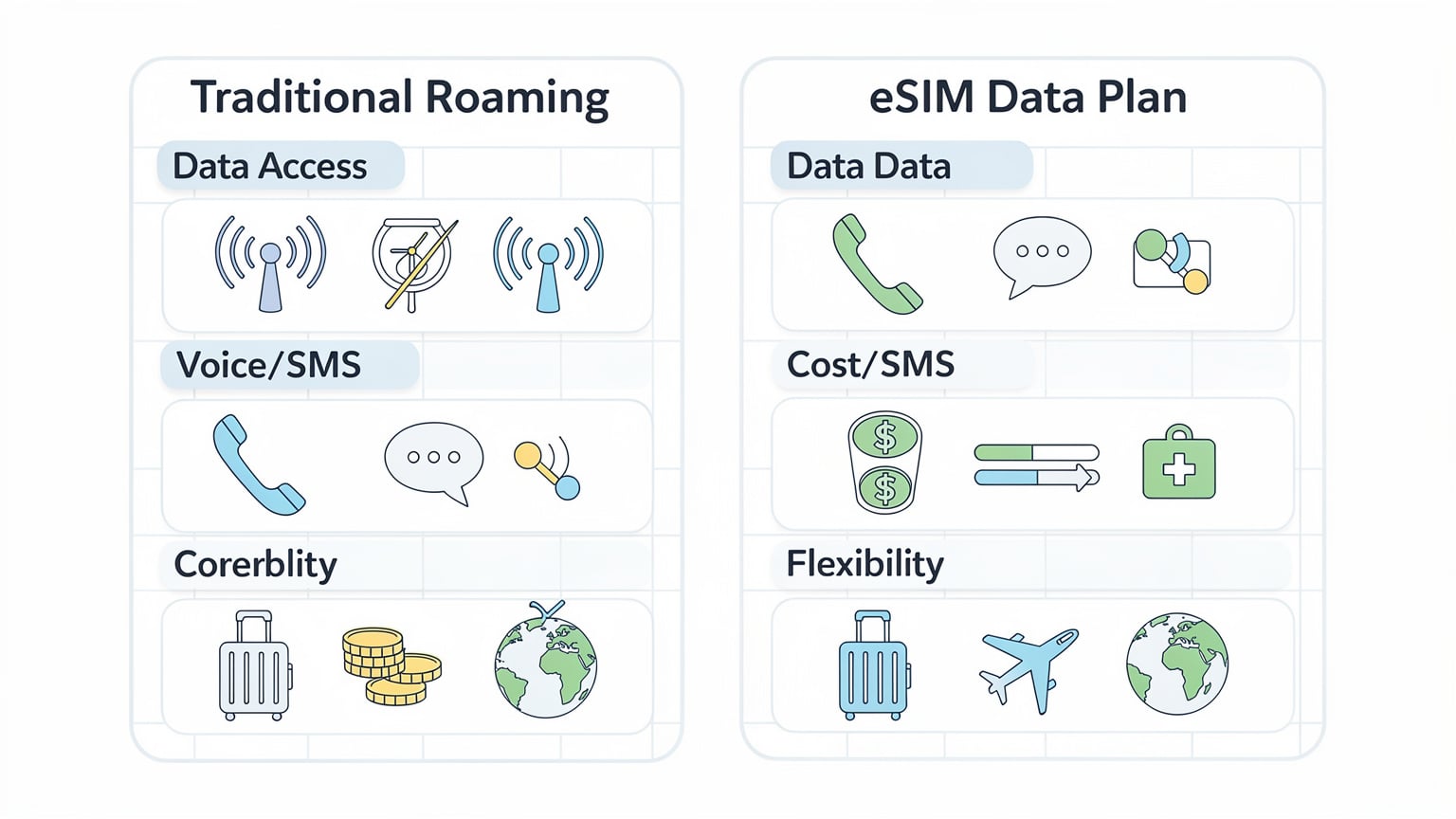 A comparison table illustrating the differences between traditional roaming and eSIM data plans for international travel.