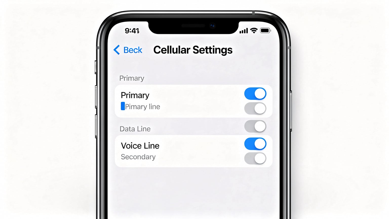 A smartphone screen showing cellular settings, with options to manage multiple SIMs or eSIMs for data and voice.