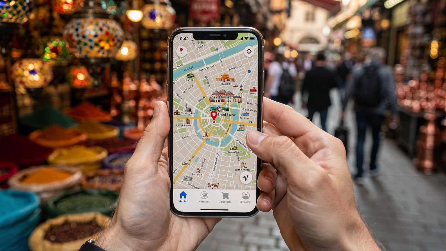 A person holding a smartphone, looking at travel information, with a blurred background of a bustling Turkish market.