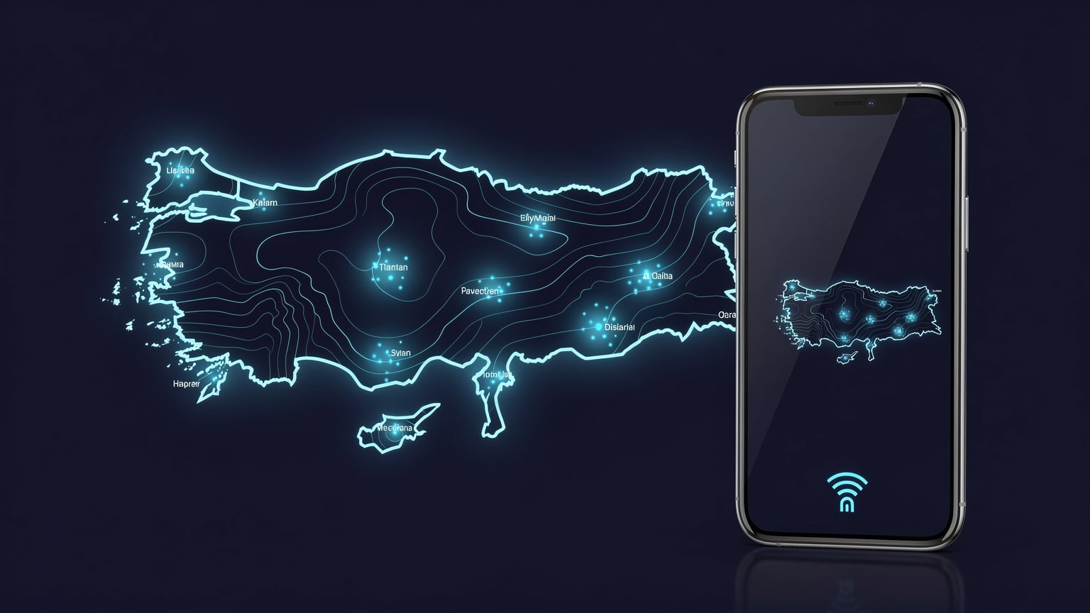 A digital map of Turkey highlighted, with a smartphone icon indicating mobile data connectivity.