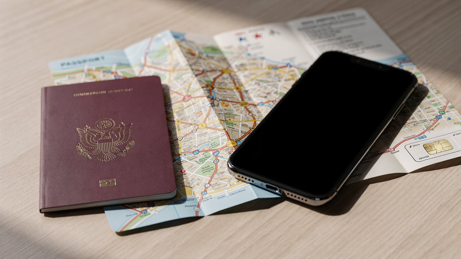 Smartfon wyświetlający ikonę eSIM, leżący obok paszportu i mapy, symbolizujący nowoczesne rozwiązania łączności w podróży.