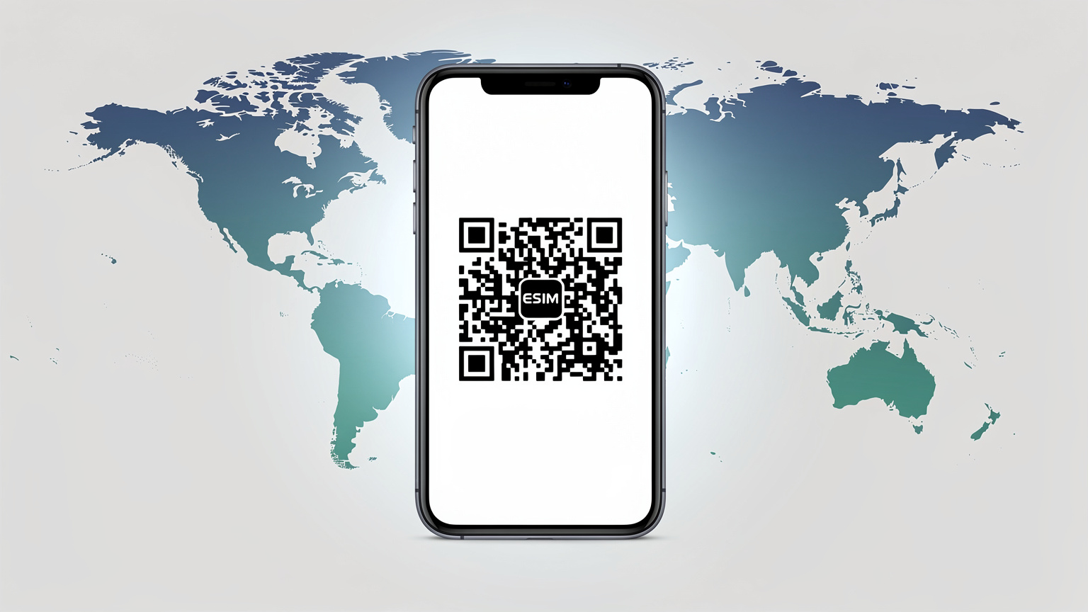 Illustrasjon av en smarttelefon som viser eSIM-aktivering med en QR-kode, symboliserer digital tilkobling.