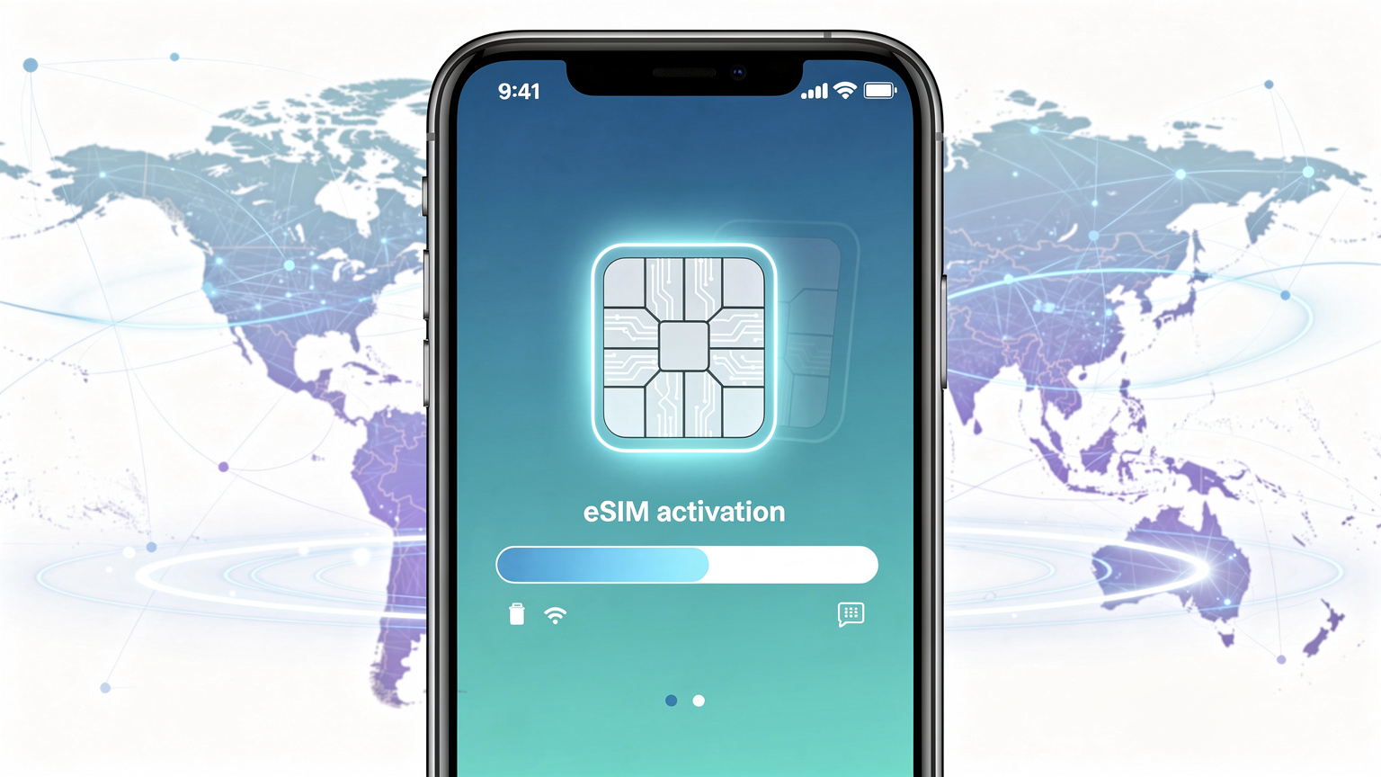 Ilustração de um telemóvel com um eSIM virtual a ser ativado, destacando a conveniência de não precisar de um cartão físico.