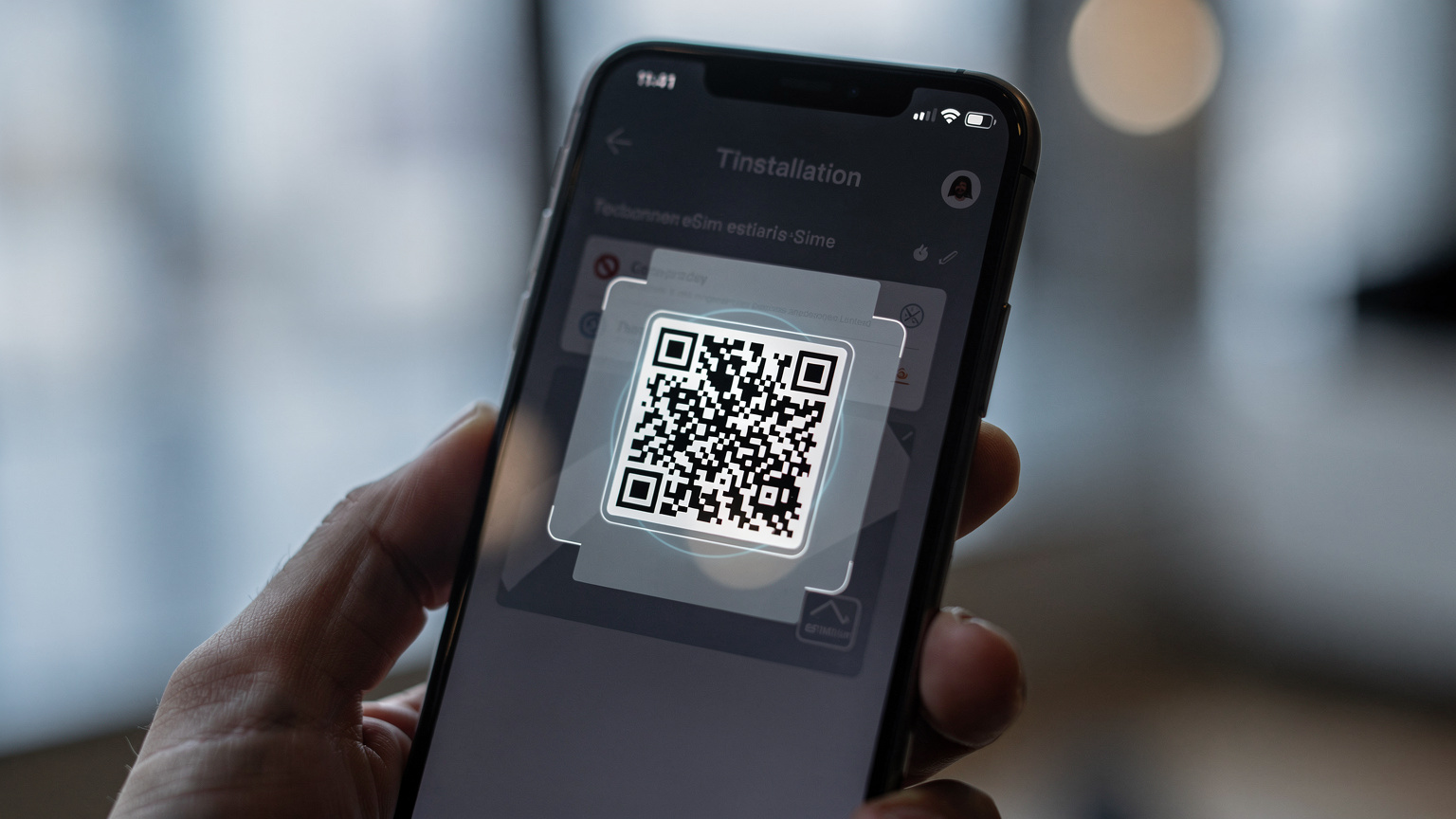 Иллюстрация процесса активации eSIM на смартфоне: сканирование QR-кода.
