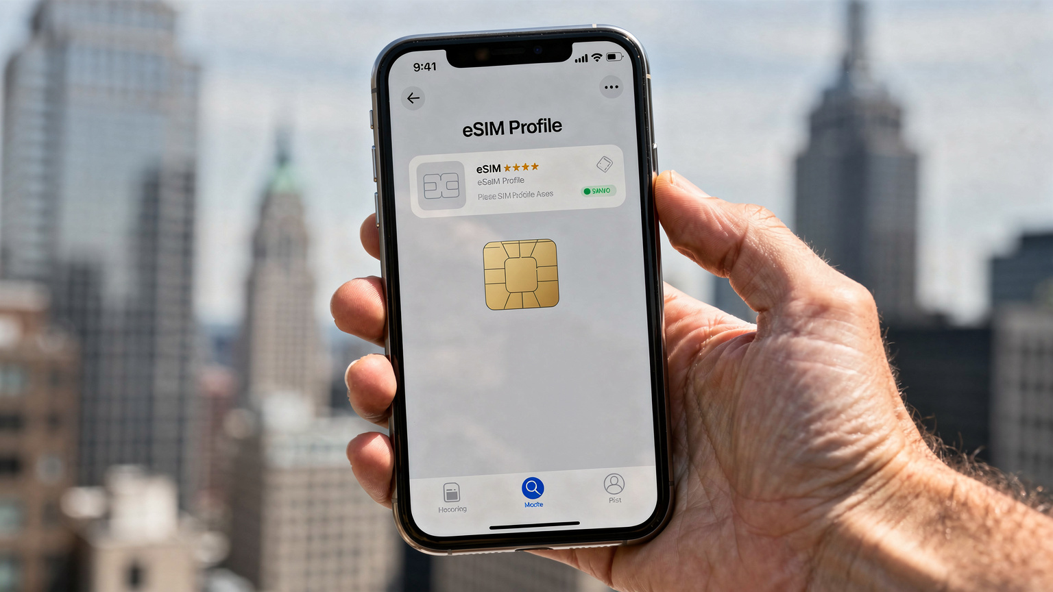 En hånd holder en smarttelefon med en digital eSIM-profil som vises på skjermen, med et bakgrunnsbilde av en amerikansk by.