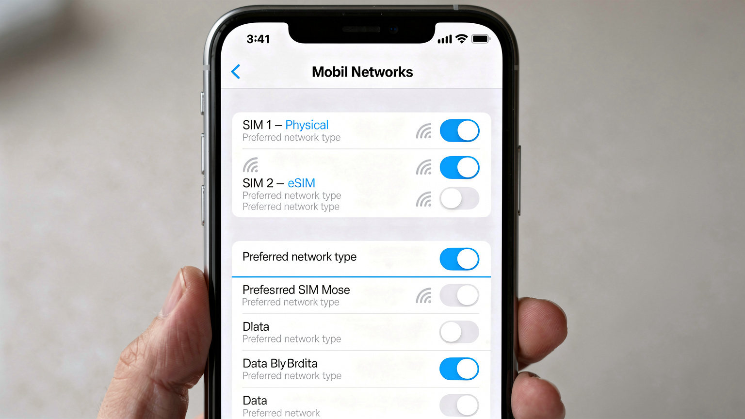 Смартфон з двома активними SIM-картками (фізична та eSIM) на екрані налаштувань мобільної мережі.