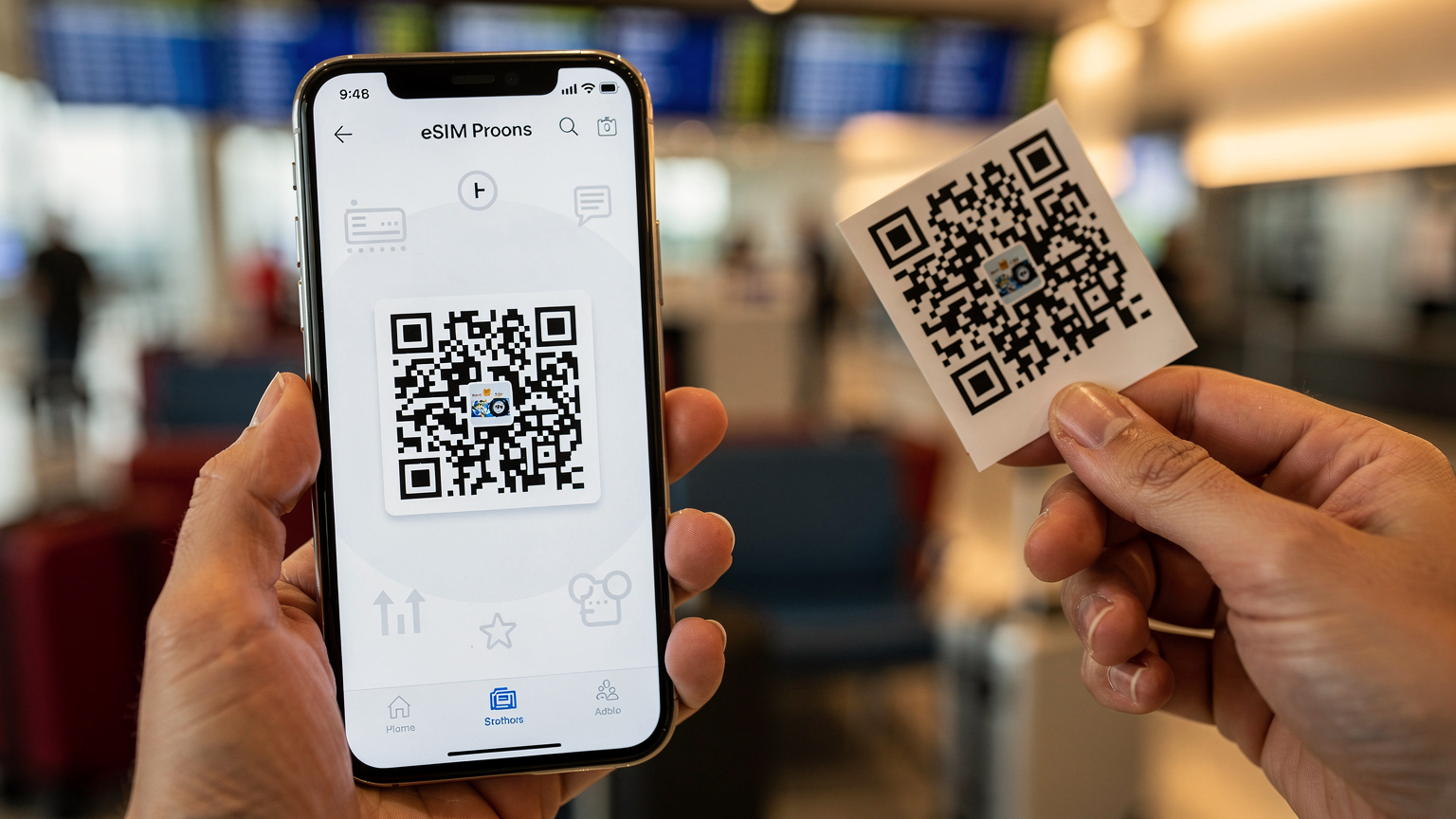 スマートフォンでeSIMの設定画面を開き、QRコードをスキャンしている様子。eSIMの簡単な設定プロセスを表現。